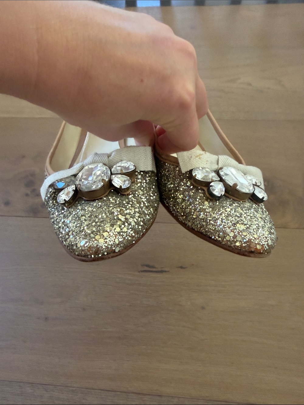 Miu Miu Gold Glitter Pointed Flats with Crystal Bow - Picture 5 of 6